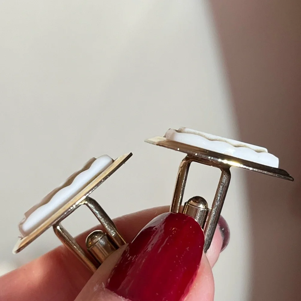 Vintage 1960 70 MCM Art deco gold white Lucite Oversized Cufflinks
